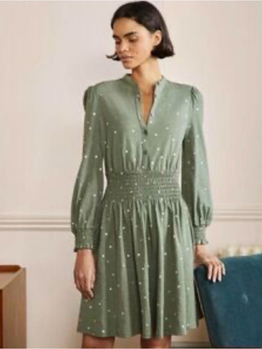 Boden Olive Green Polka Dot Smocked-Waist Long Sleeve Dress